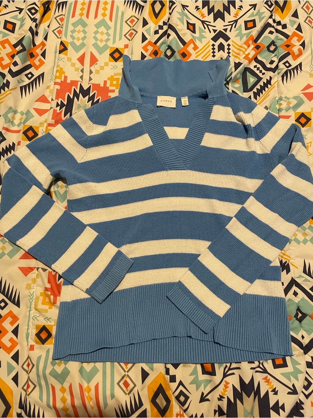 Cyrus Blue & White Striped V-Neck Sweater with Hood - Picture 4 of 5